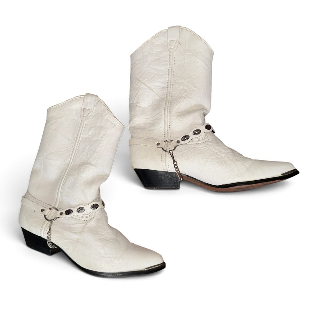 Vintage White Textured Leather Western Cowboy Boots with Harness Straps Size 9M
